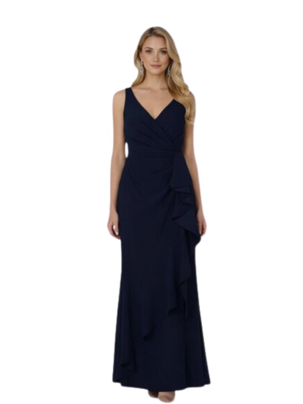 NWT Betsy & Adam Navy Blue V-Neck Ruffle High-Low Evening Gown Formal Size 14